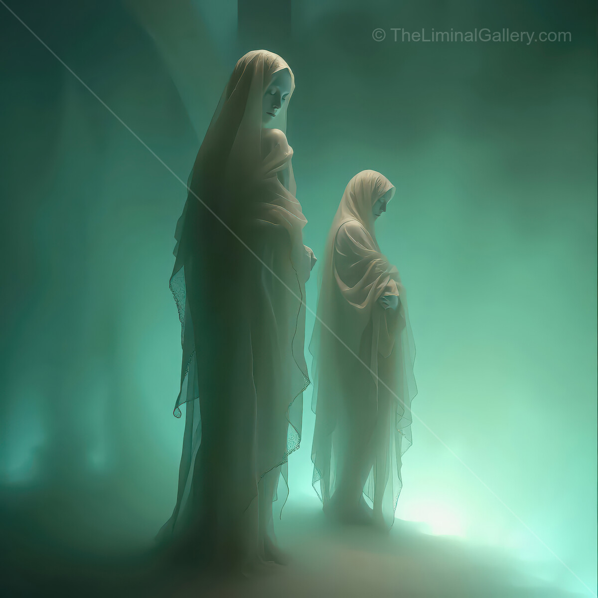 Mystical figures cloaked in ethereal mist illuminate a timeless realm of enchantment and wonder