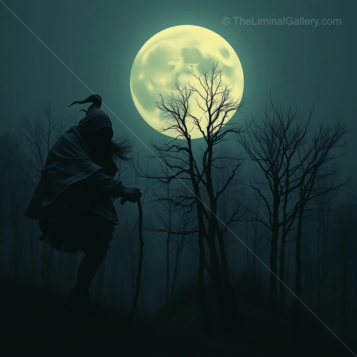 Wandering through a mystical forest under the full moon's glow at midnight