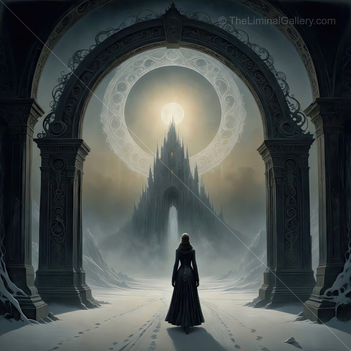 Mystical journey unfolds as a mysterious figure approaches an ancient castle amidst a haunting landscape