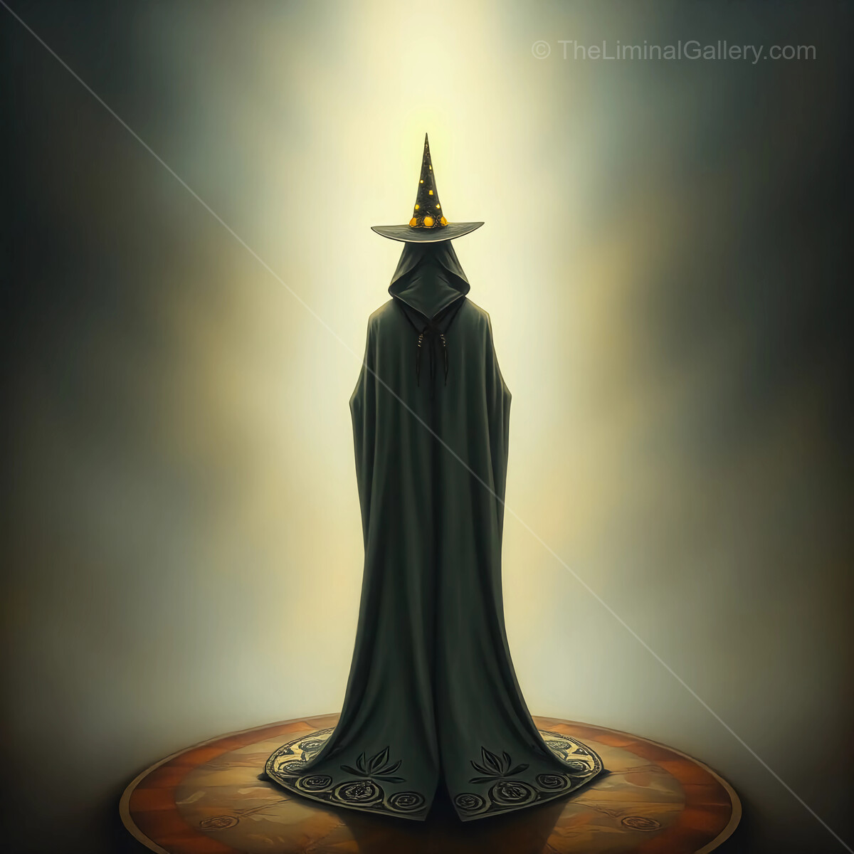 Mystical mage in a cloak and pointed hat standing on an ornate circle with soft light illuminating the background
