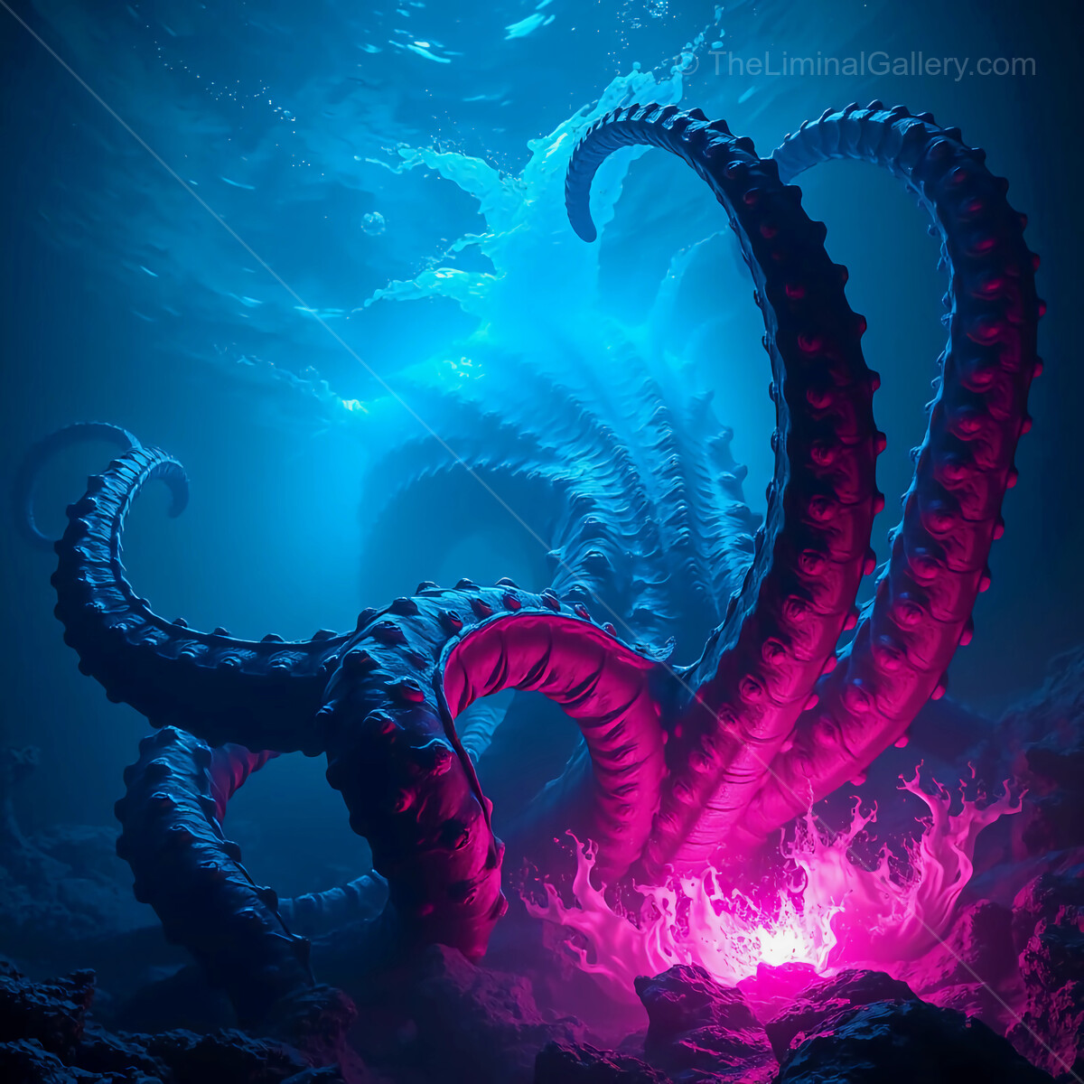 Mysterious tendrils of an underwater creature dance in vibrant synthwave colors at twilight