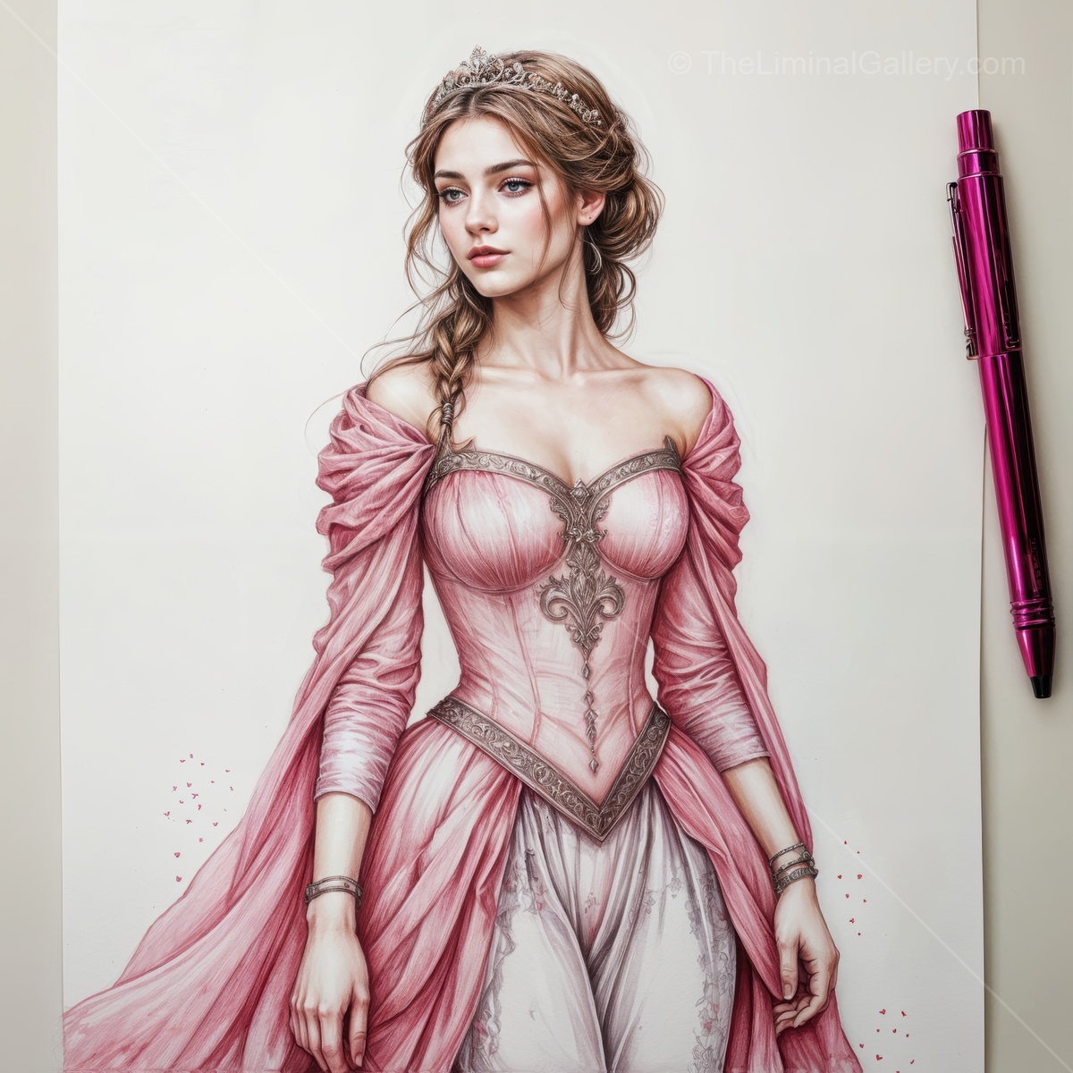 Enchanting princess in a pink gown standing amidst a fantasy realm with whimsical elements during twilight