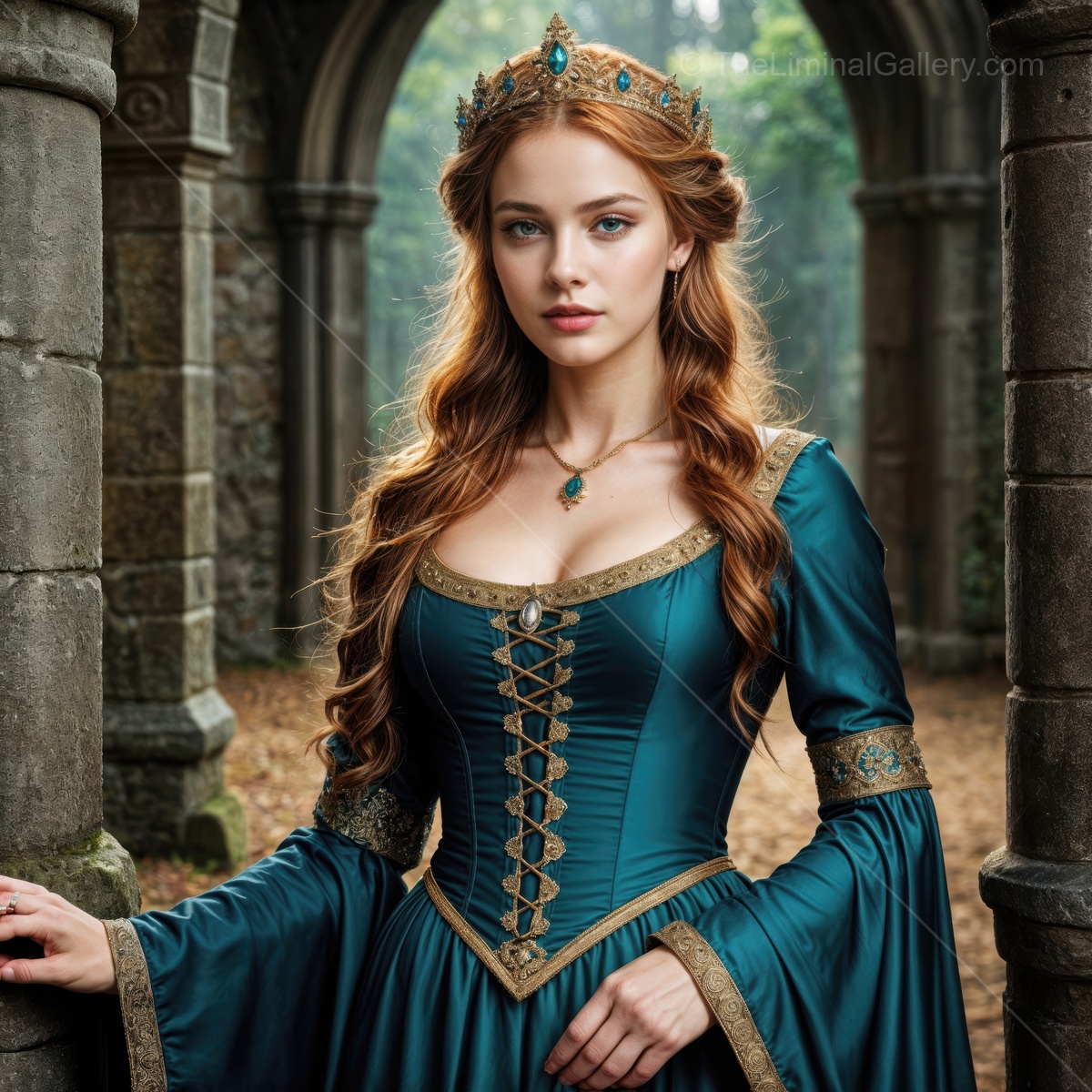 Queen clad in elegant fantasy attire explores a mystical castle