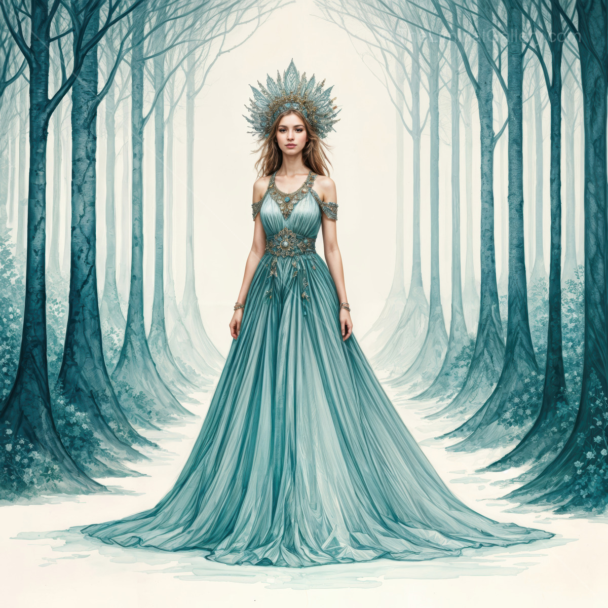 Enchanting queen in a fantasy forest wearing a shimmering gown and elaborate crown, evoking a sense of magic and mystery in a liminal space