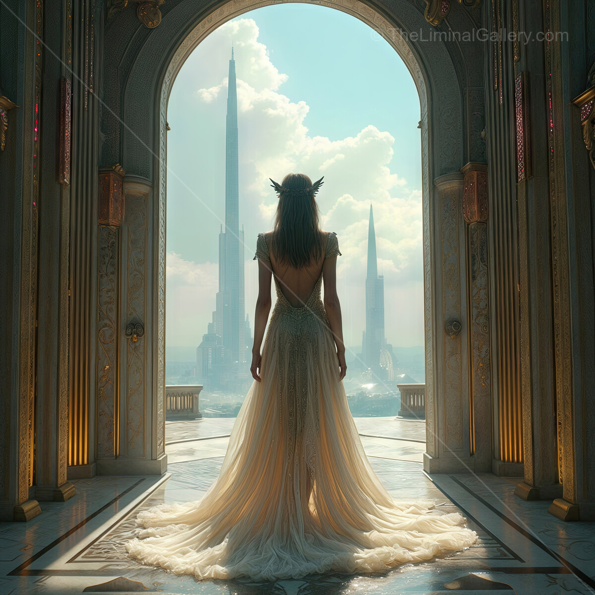 Majestic queen in a flowing gown gazes over an ethereal cityscape bathed in golden light