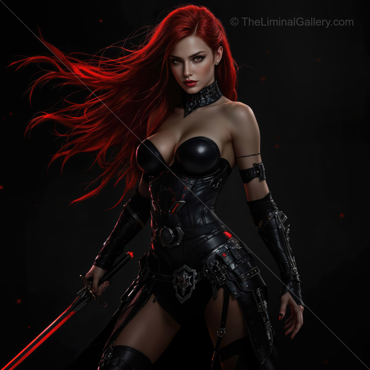 Red-haired warrior stands strong in dark armor with glowing sword ready for battle