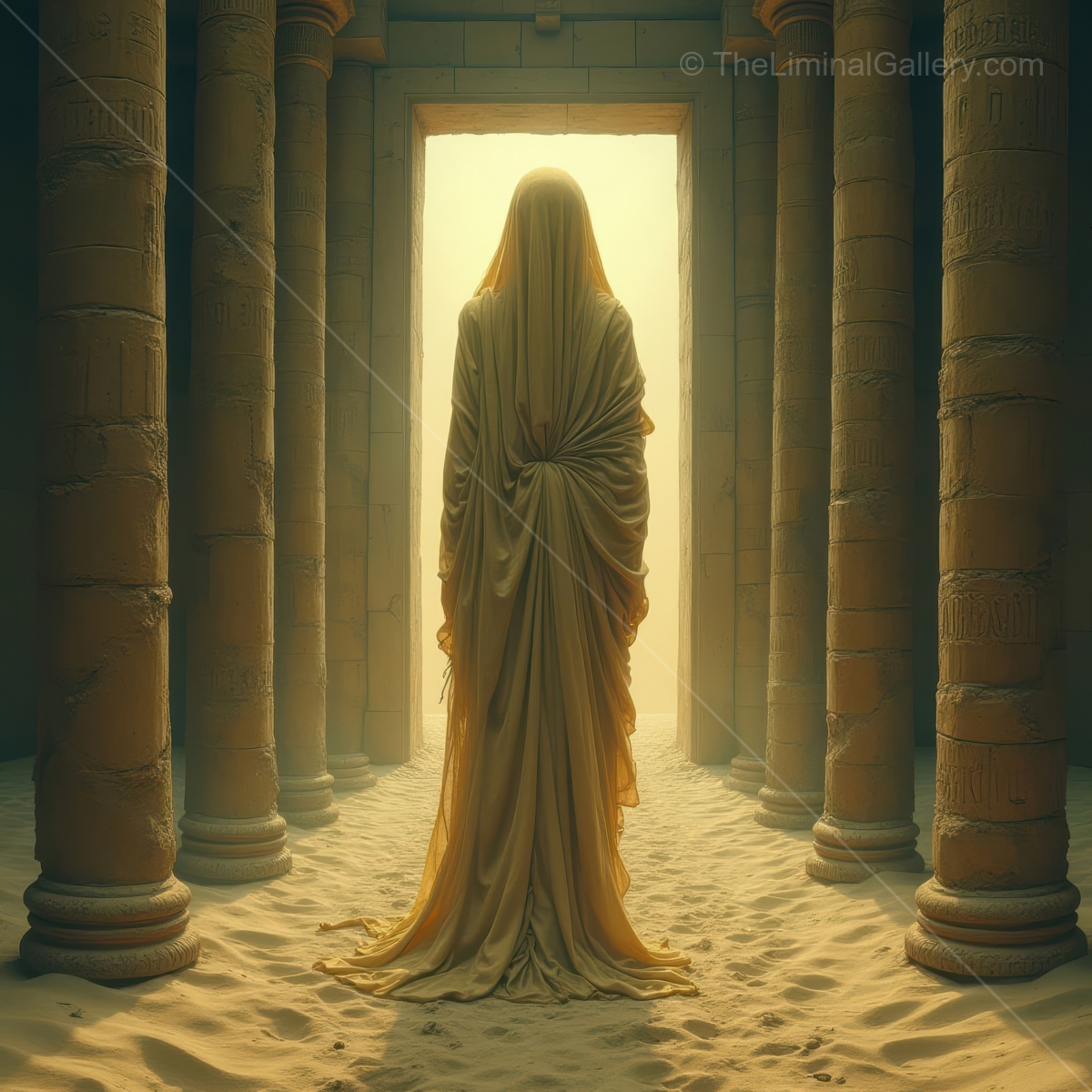 Silhouette of a robed figure standing in an ancient temple, basking in the soft glow of a distant light at dawn