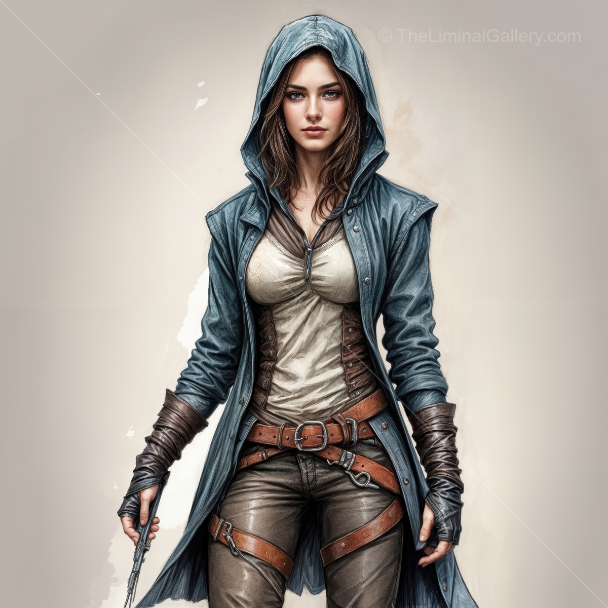 Fantasy rogue woman in a liminal space embraces adventure under haunting light