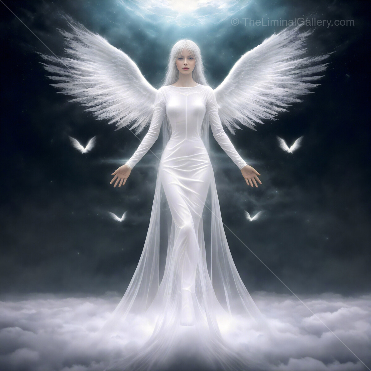 Ethereal angelic figure with luminous wings and flowing gown in a celestial landscape illuminated by moonlight