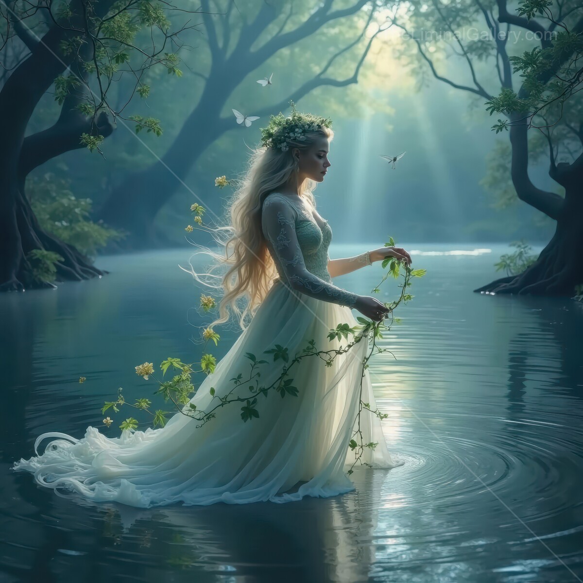 Ethereal princess in a magical fantasy forest, a young woman dances among the light and reflections of serene water