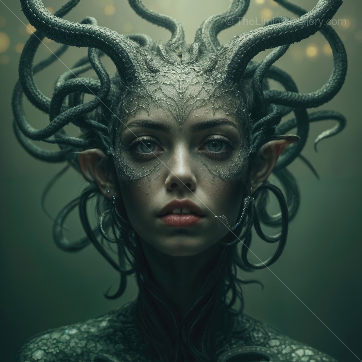 Unique fantasy portrait of a mythical creature with serpentine hair and enchanting features
