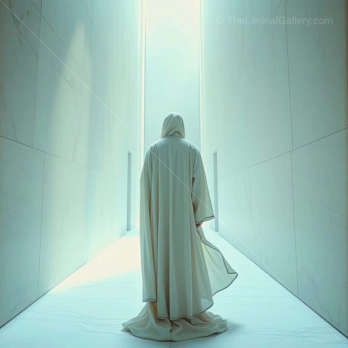 Silhouette of a cloaked figure walking through a narrow, illuminated corridor in serene light