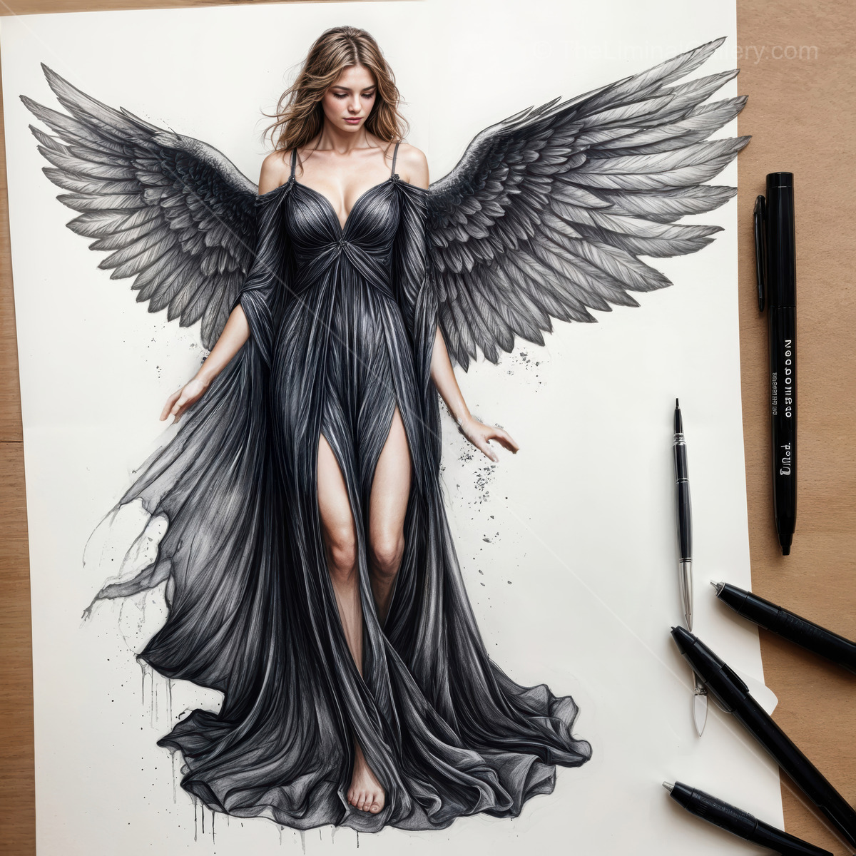 Stunning angelic figure with intricate wings and elegant gown captured in a detailed sketch on art paper