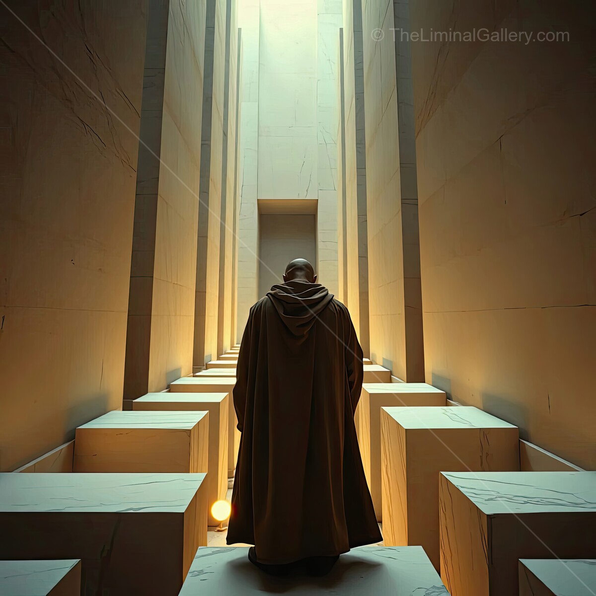 Solitary contemplation in a serene architectural space at dawn