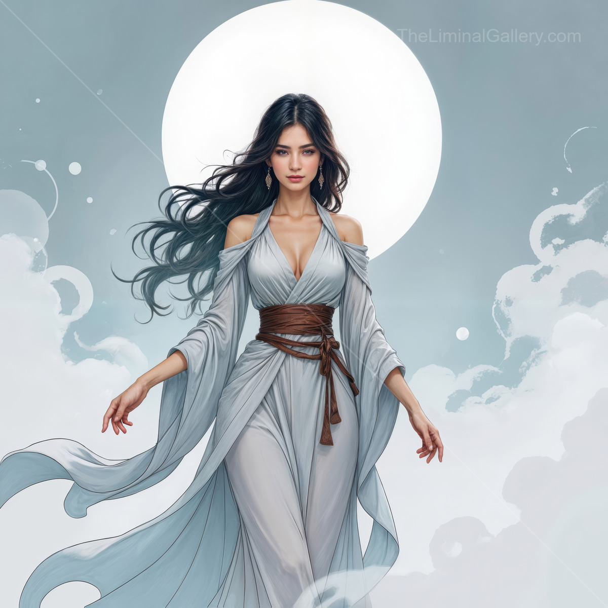 Sorceress in flowing garments traverses a mystical landscape under a brilliant moon, capturing the essence of fantasy and liminal space