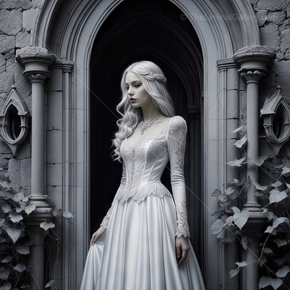 Enigmatic bride in a gothic castle with ivy-covered stone archway at twilight