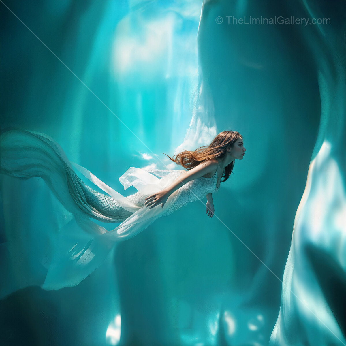 Mermaid exploring a tranquil underwater cave filled with shimmering light
