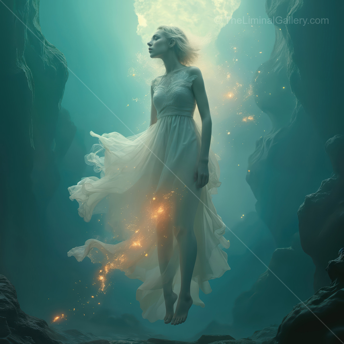Woman drifts just above the seafloor in soft light, dress and silt lifting in a slow underwater current