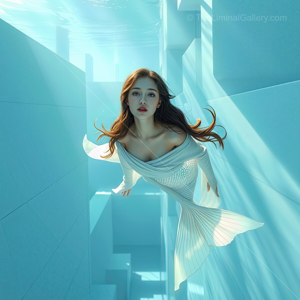 Elegant mermaid gliding through an underwater cityscape at dawn with mesmerizing light rays