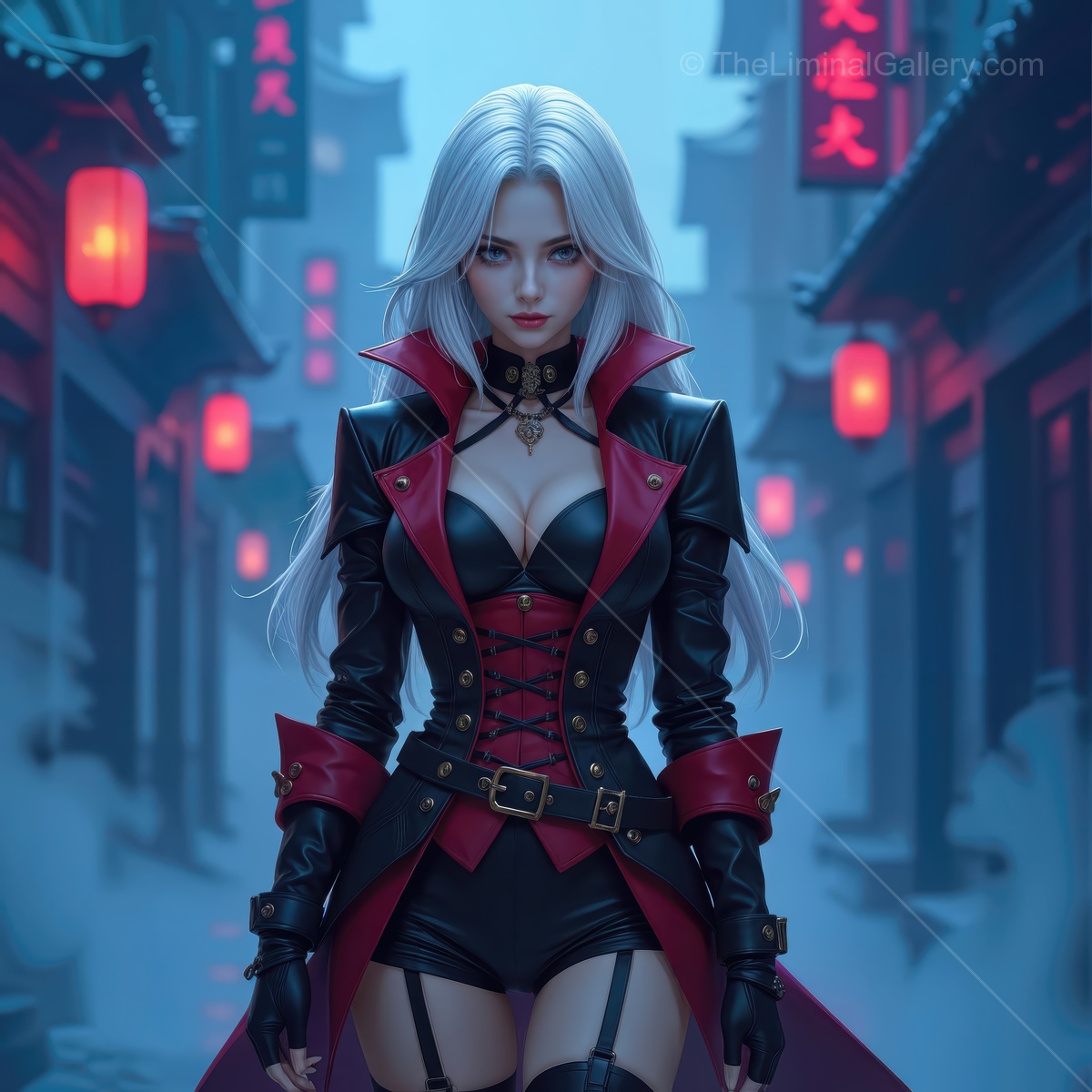 Vampire hunter wandering through a misty fantasy realm inspired by Asian streets at twilight