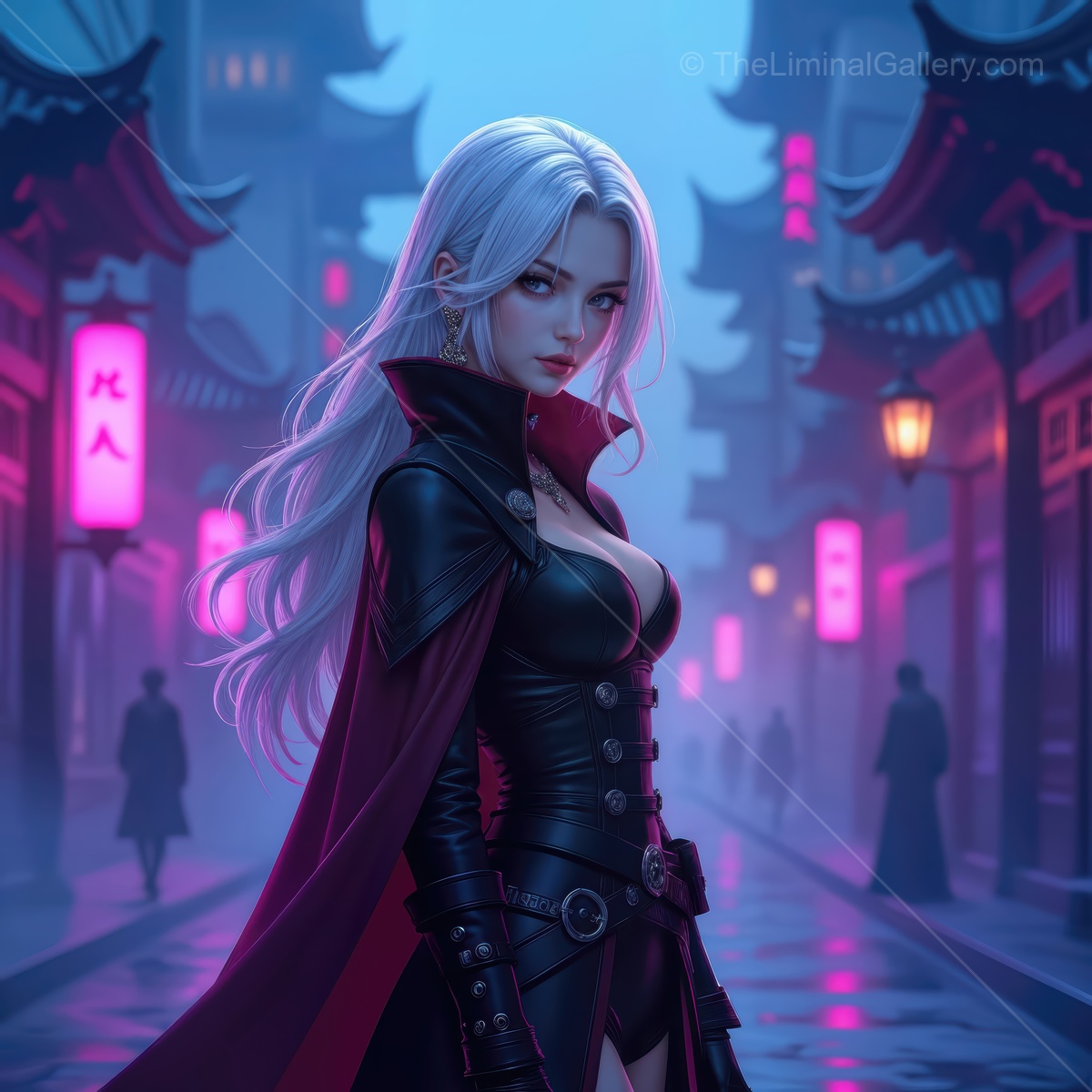 Mystical night stroll through a vibrant fantasy city with a vampire hunting woman in a captivating coat