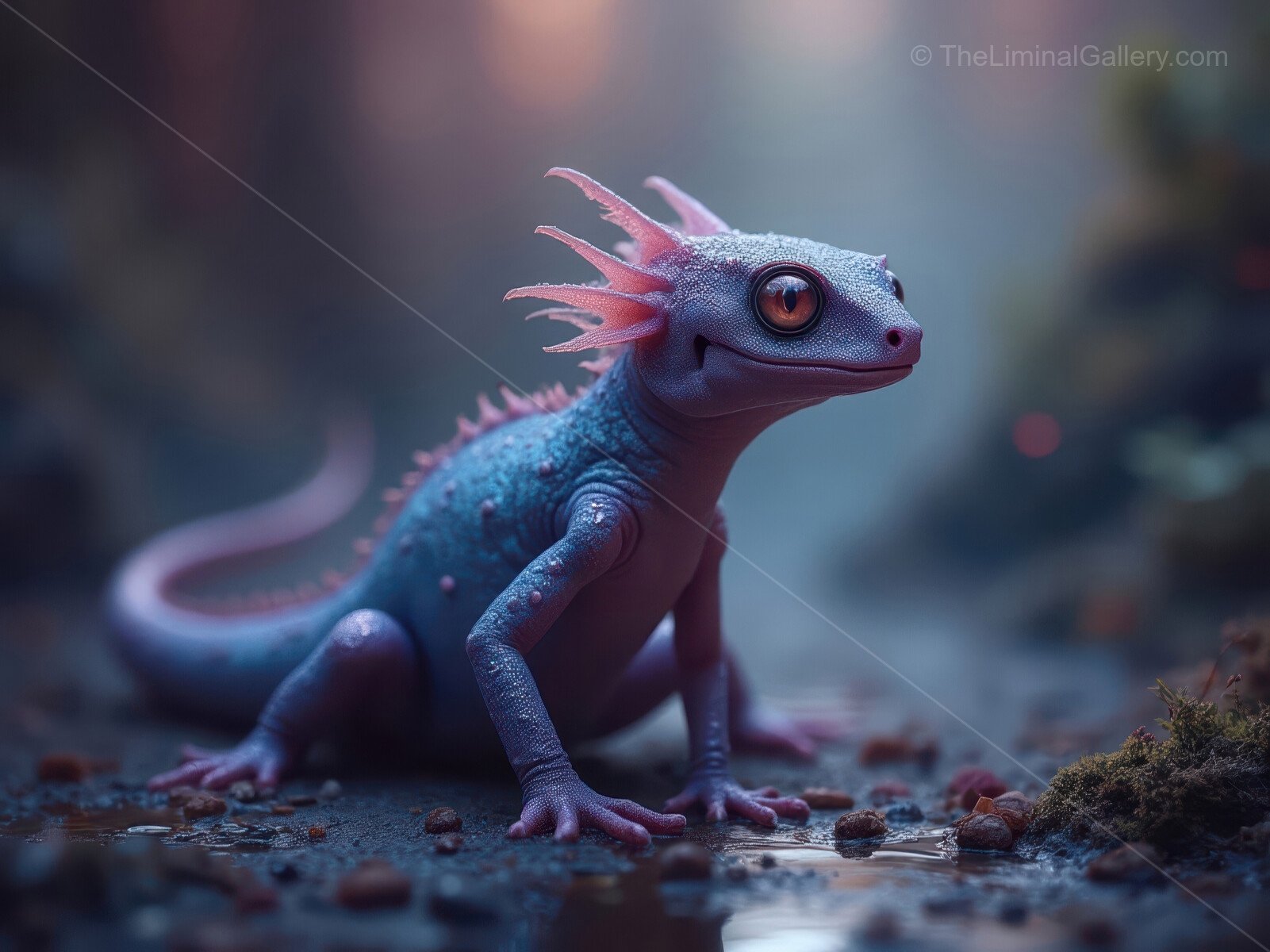 Colorful amphibian with unique features explores a misty environment at dawn