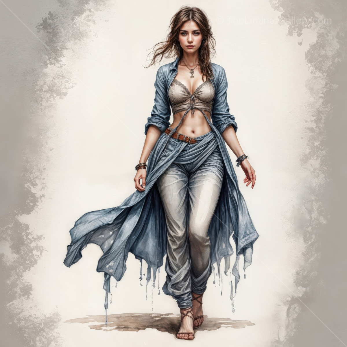 Charming wanderer in flowing attire strolls confidently through a deserted landscape at golden hour, capturing a moment of adventure and grace