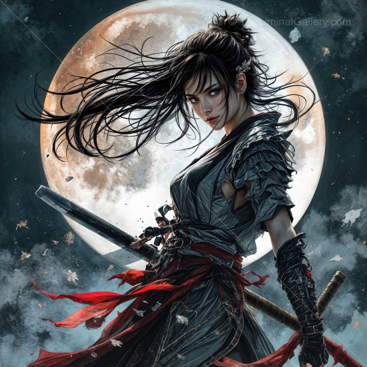 Warrior Asian woman stands strong under the full moon, her fierce gaze blending determination and grace