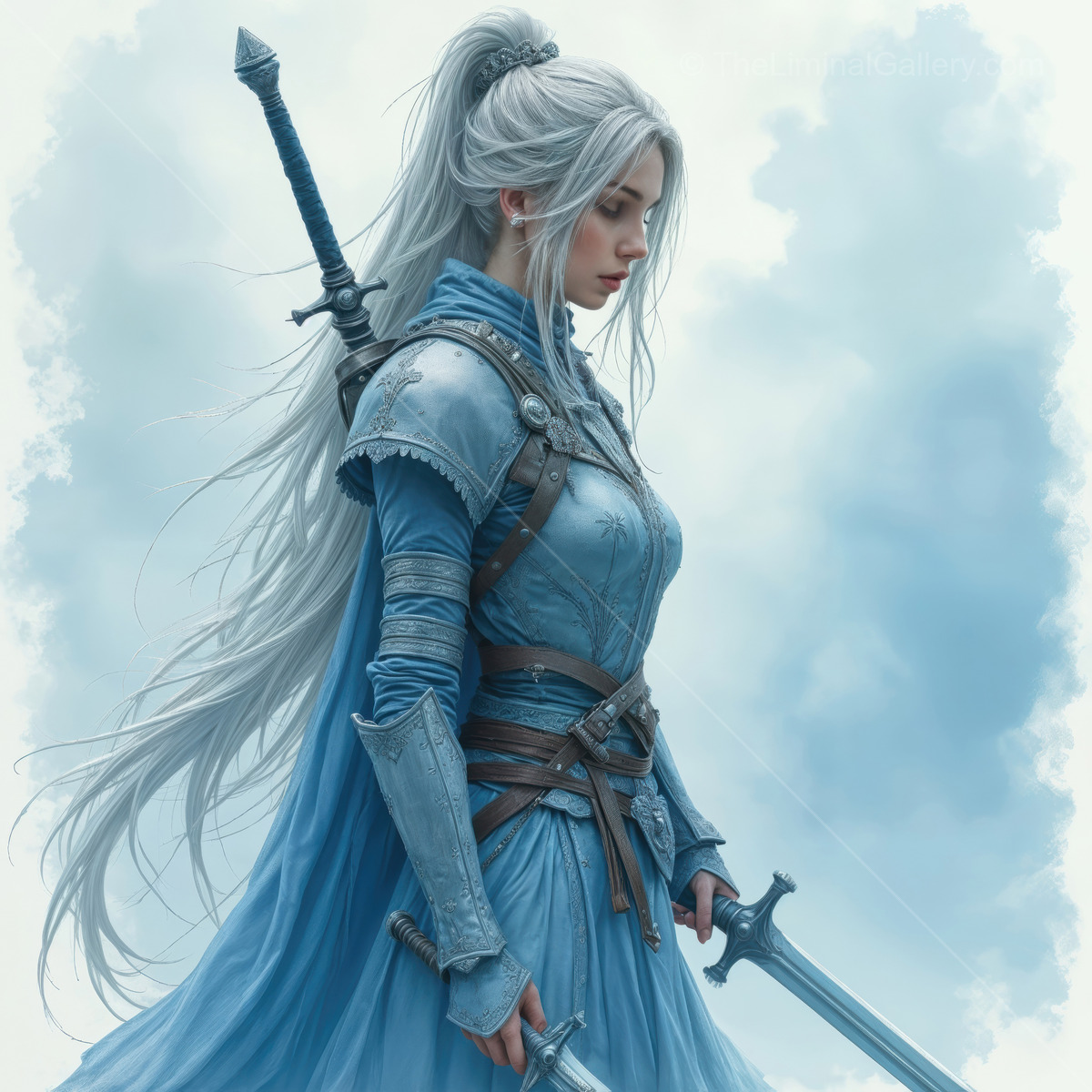 Female warrior in a fantasy landscape embracing the liminal space, surrounded by mystery and magic