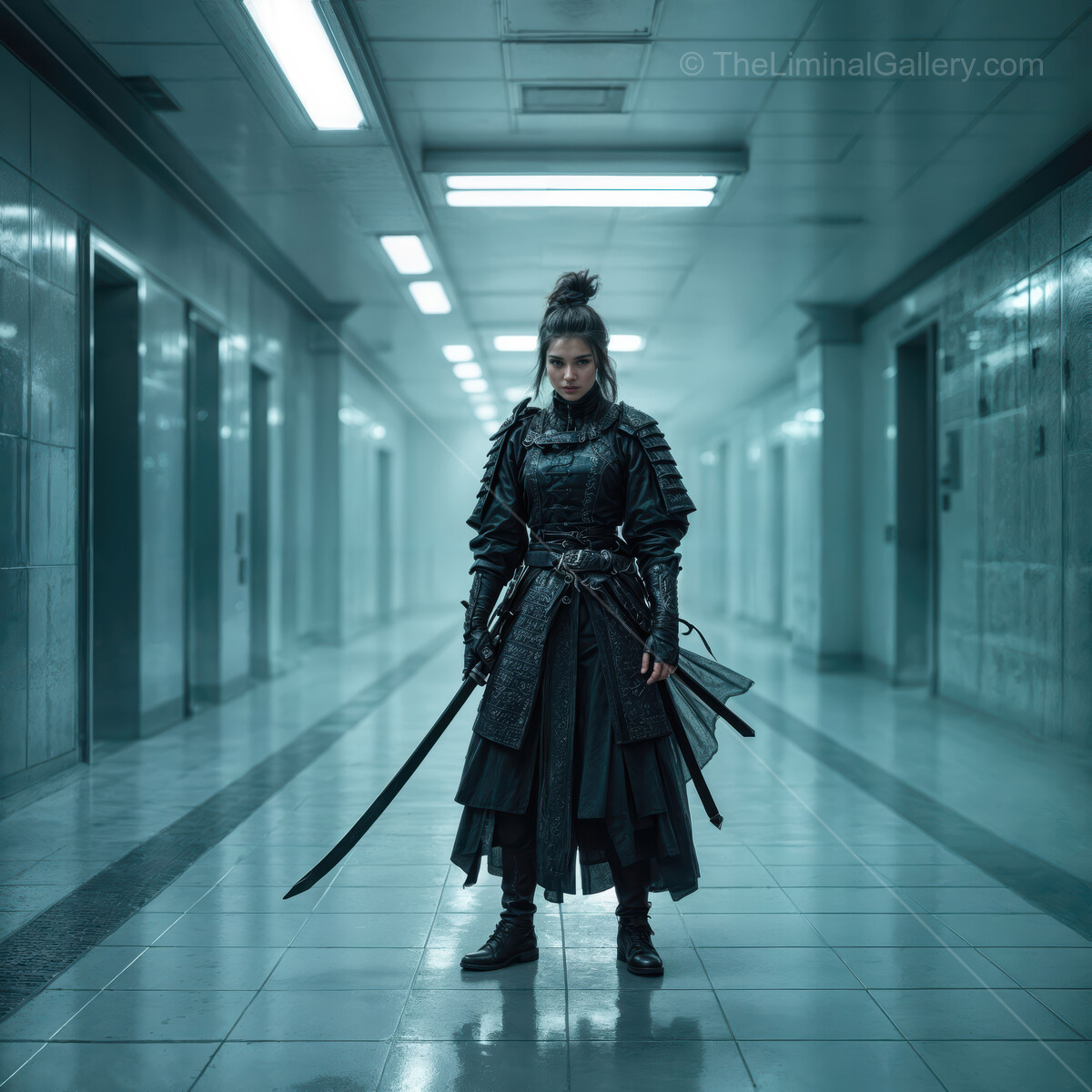 Warrior stands bravely in a futuristic, dimly lit corridor ready for battle