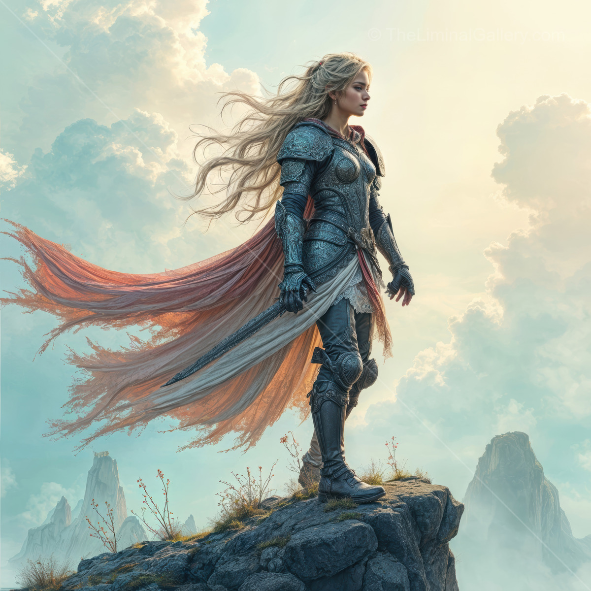 Regal warrior stands on a rocky cliff in a mystical landscape with flowing hair and shimmering armor