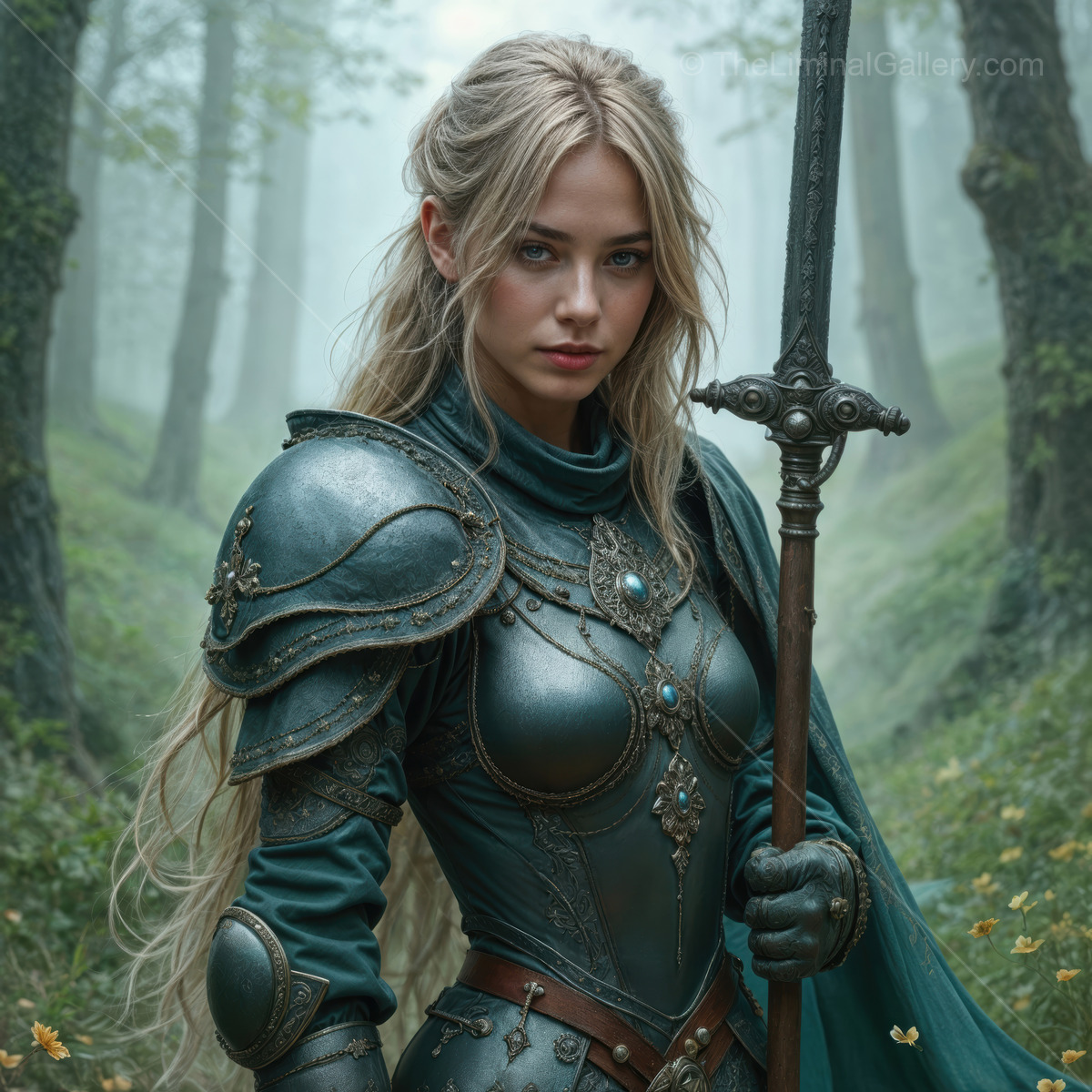 Warrior woman stands strong in a mystical forest, exuding bravery and grace in her detailed armor during a foggy morning
