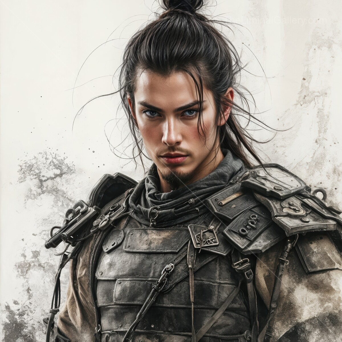 Warrior in futuristic armor stands resilient against urban decay at dusk