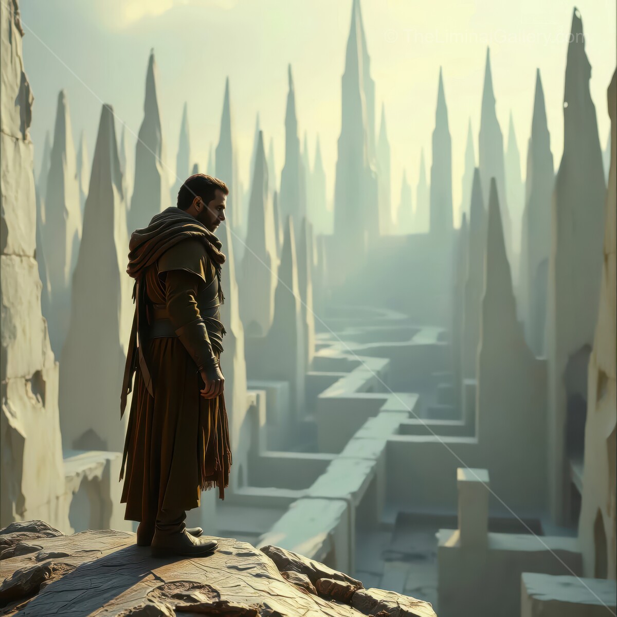 Warrior gazes into the mystical city of spires under the luminous dawn sky