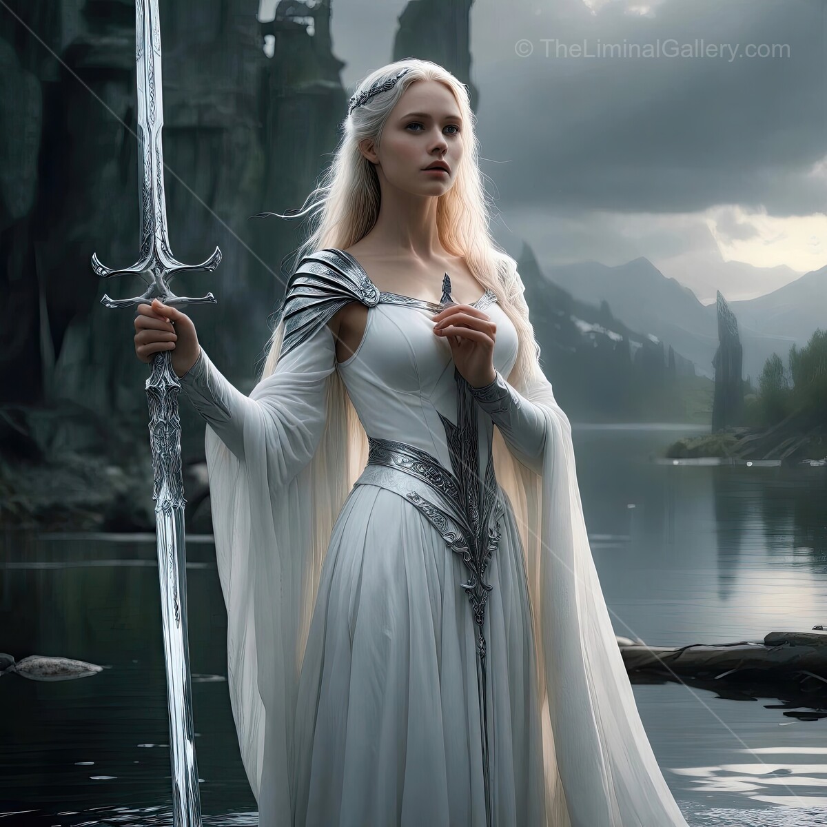 Enigmatic fantasy warrior princess holding a shimmering sword by the mystical lake at twilight