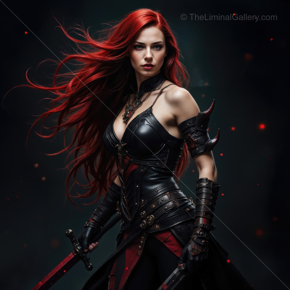 Vibrant warrior with red hair and striking armor in a dramatic fantasy setting at dusk