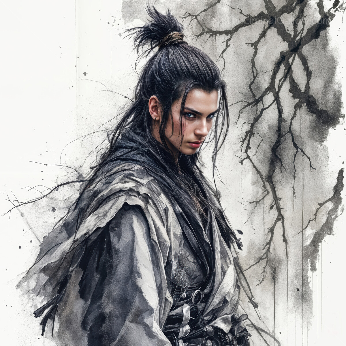 Warrior in traditional attire stands amidst an ethereal backdrop of nature's beauty