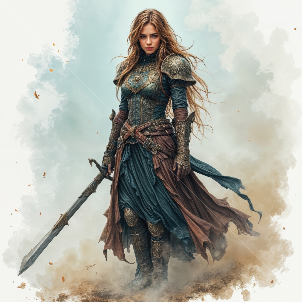 Woman warrior standing strong in a fantasy realm, poised and ready for adventure amidst a misty landscape at twilight