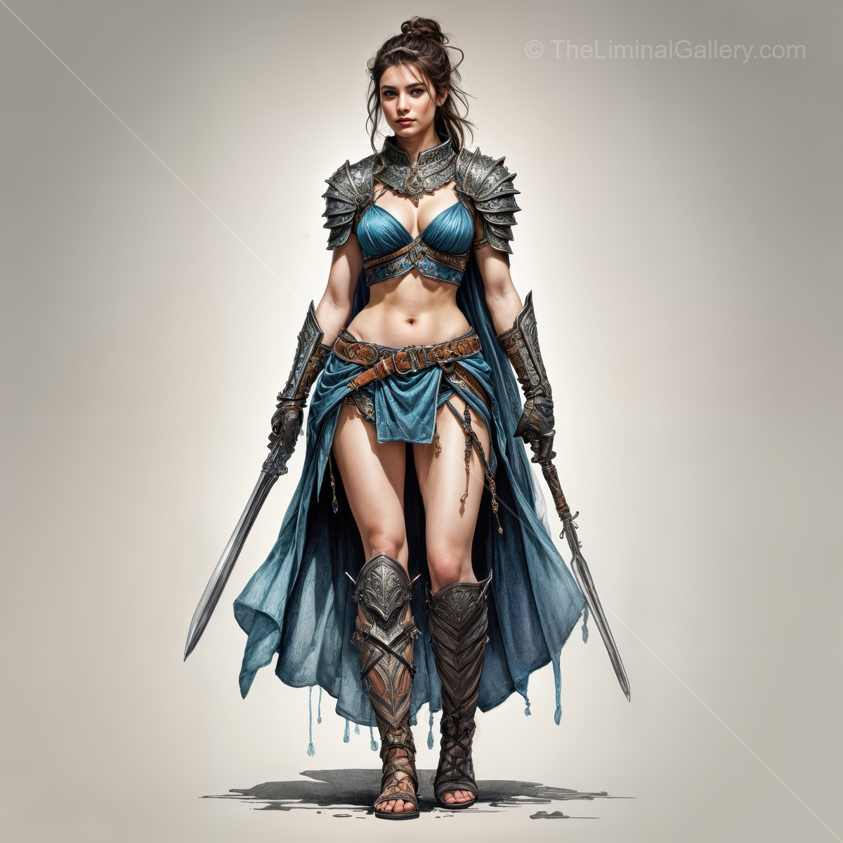 Warrior woman stands boldly in a fantasy realm, blending strength and beauty in a liminal space between worlds