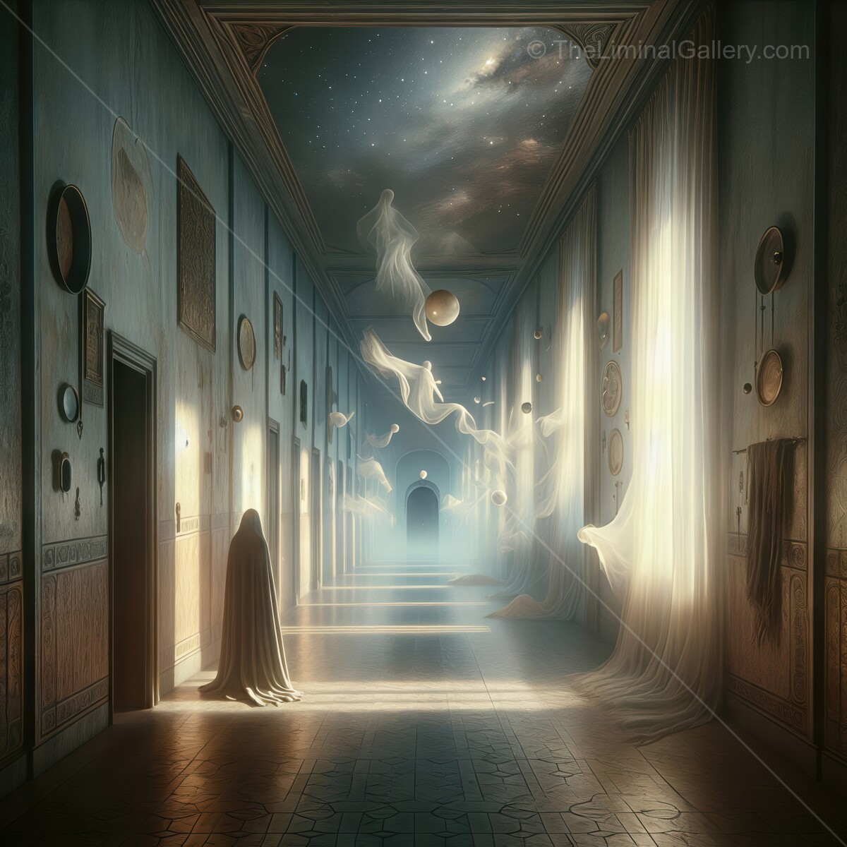 Enigmatic corridor revealing ethereal forms in a dreamlike palace setting at twilight