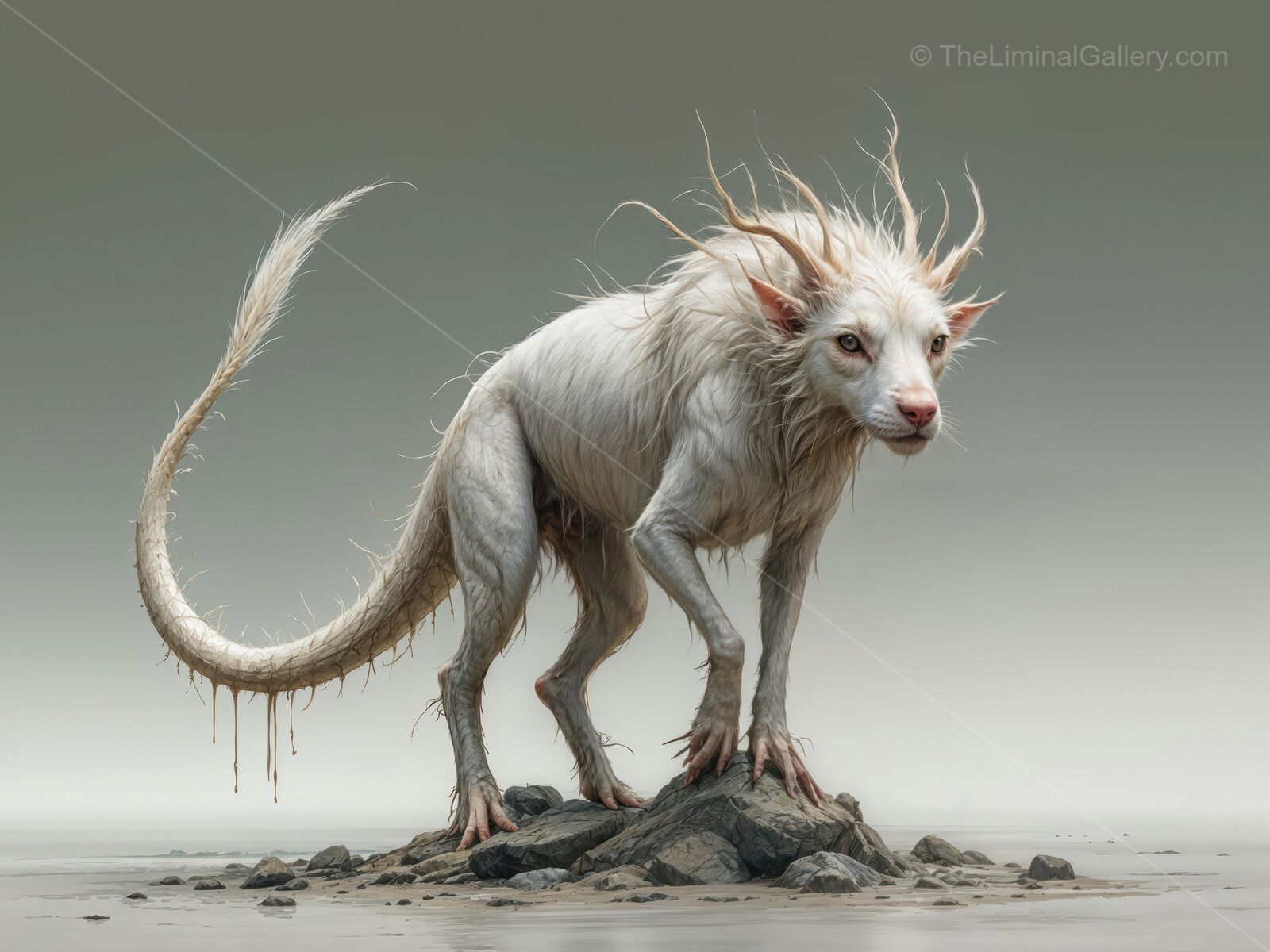 Mysterious white creature stands on rocky terrain, showcasing wild features and unique fur against a muted backdrop