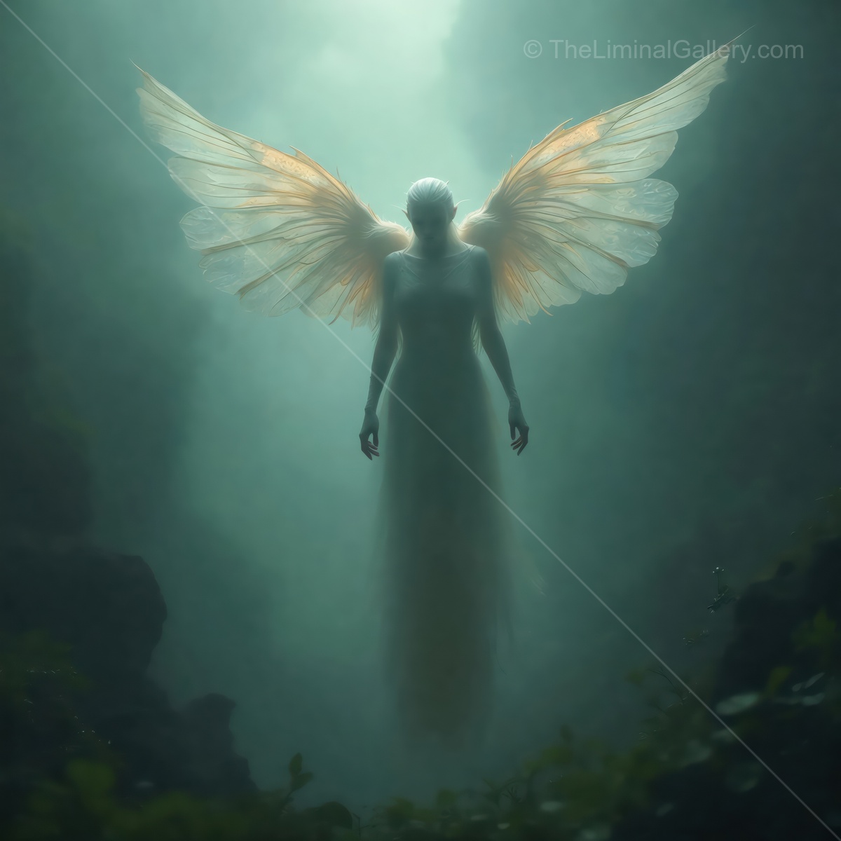 Mystical figure with ethereal wings emerging from a misty forest at dawn