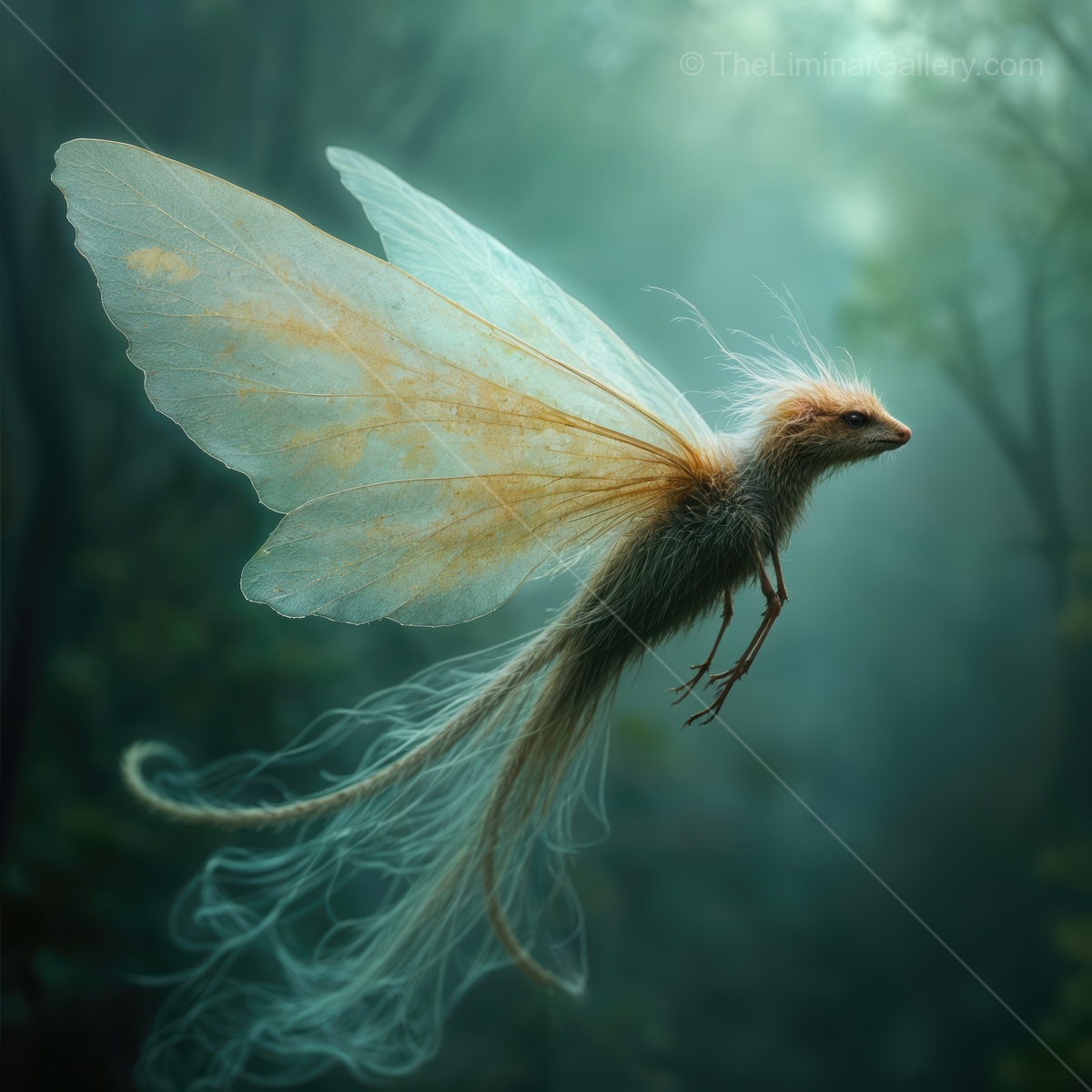 Enchanting creature with delicate wings soaring through a mystical forest at twilight