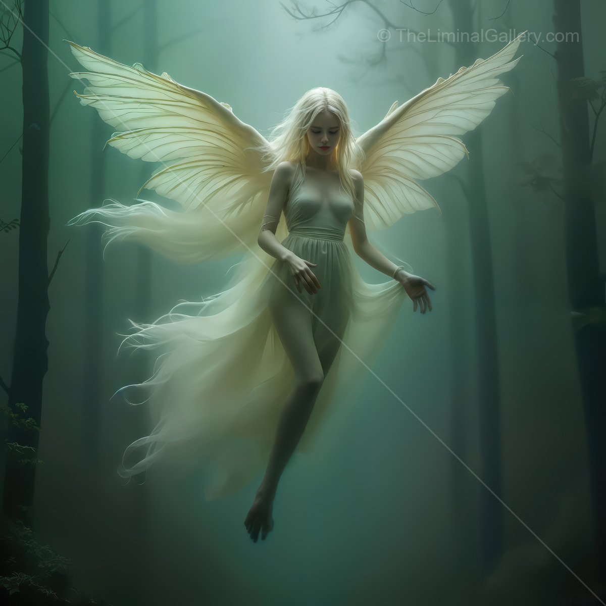 Mysterious figure with wings floating effortlessly in a misty forest at dawn