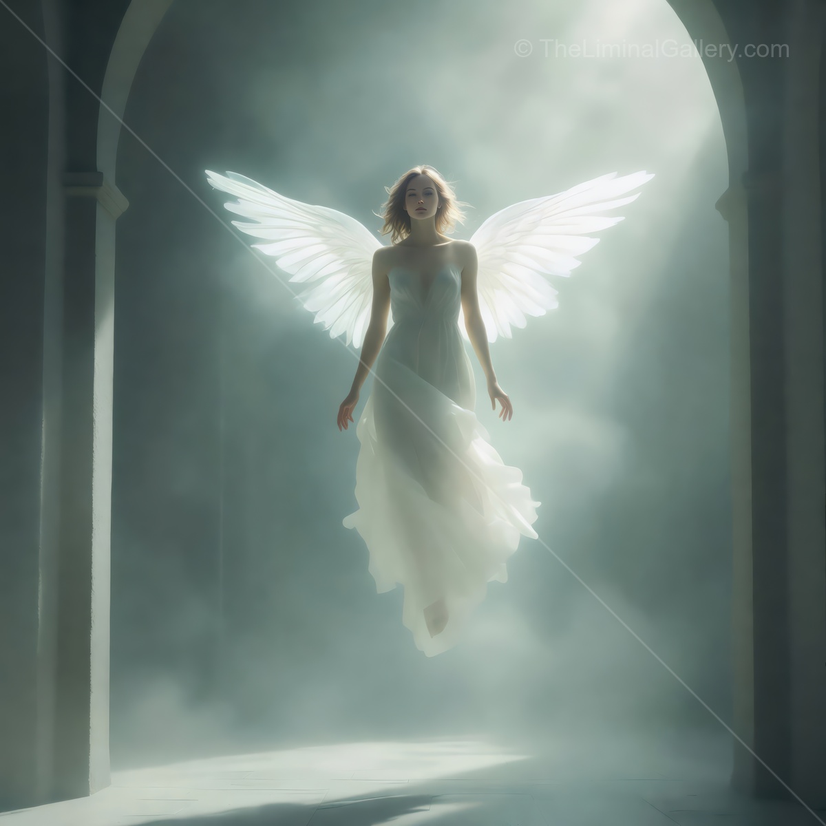 Majestic figure with ethereal wings floats gracefully in a mystical environment filled with soft light and smoke