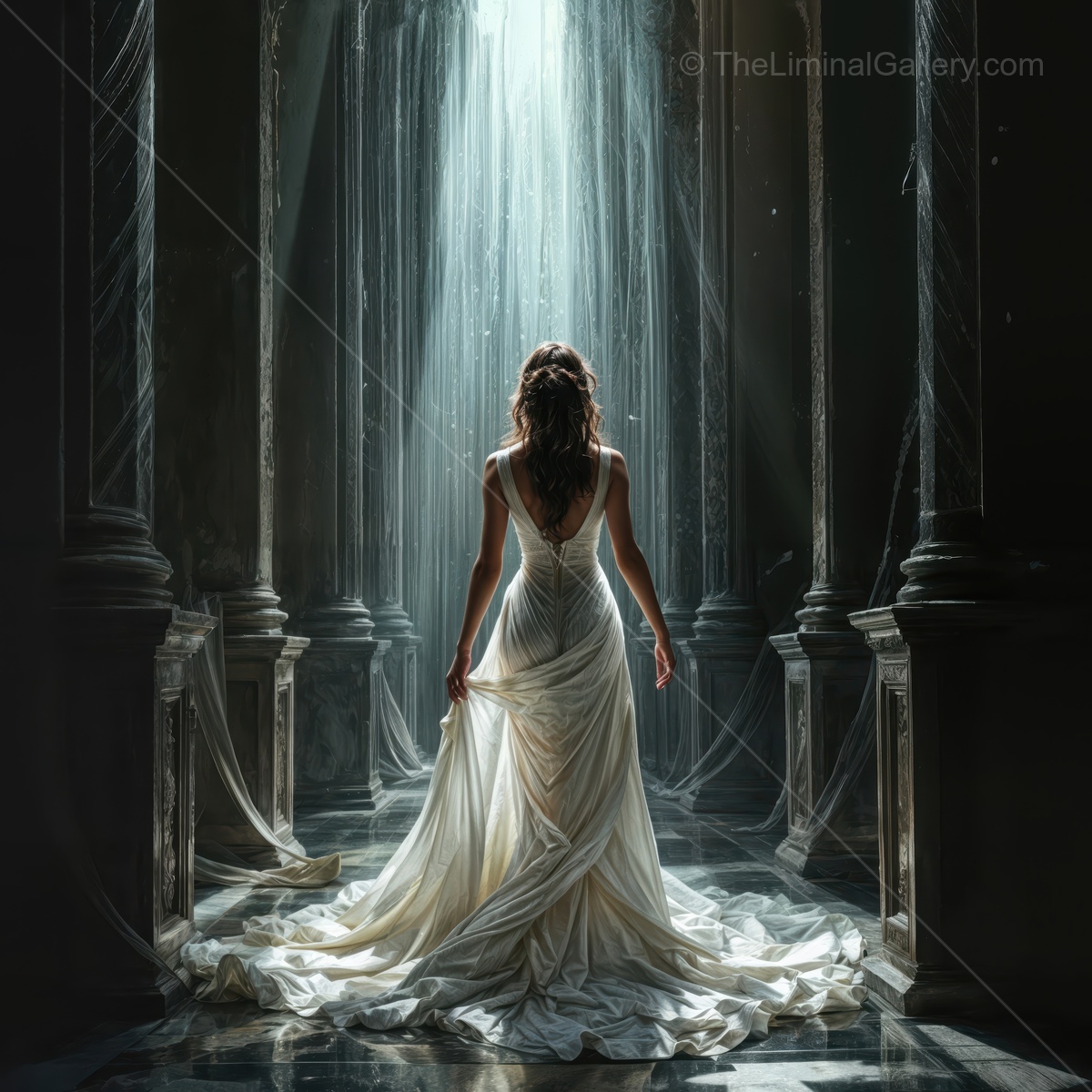 A mystical journey awaits as a woman in a flowing gown walks through a dimly lit, enchanting space illuminated by a single beam of light