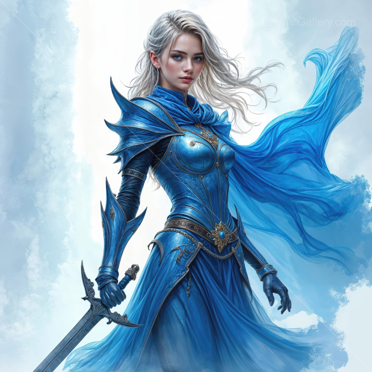 Woman in blue armor standing confidently with a sword in a surreal liminal setting surrounded by mist and ethereal light