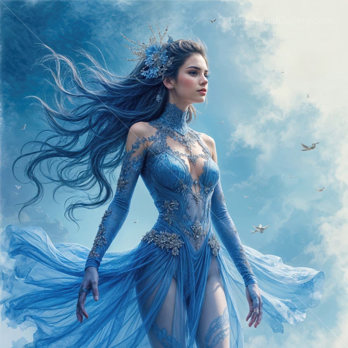 Enchanting woman in flowing blue gown dances amidst a dreamlike sky filled with soft clouds and birds