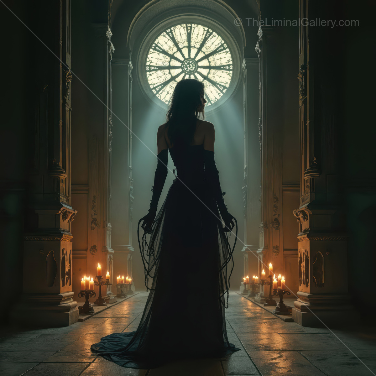 Mysterious woman in a dark cathedral lit by candles and stained glass, exploring realms of fantasy and the liminal
