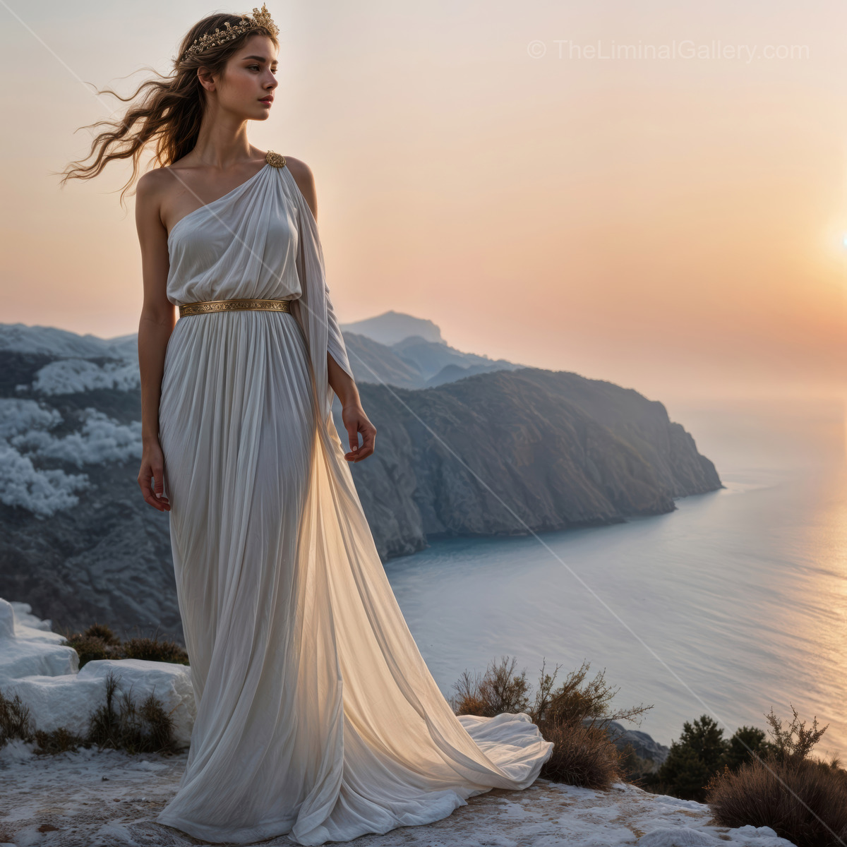 Majestic woman in flowing gown gazes over serene waters at sunset, capturing the essence of fantasy in a liminal space